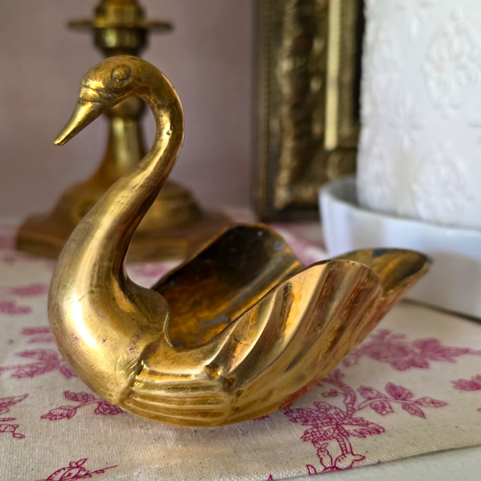 Vintage Brass Swan Figurine Trinket Dish