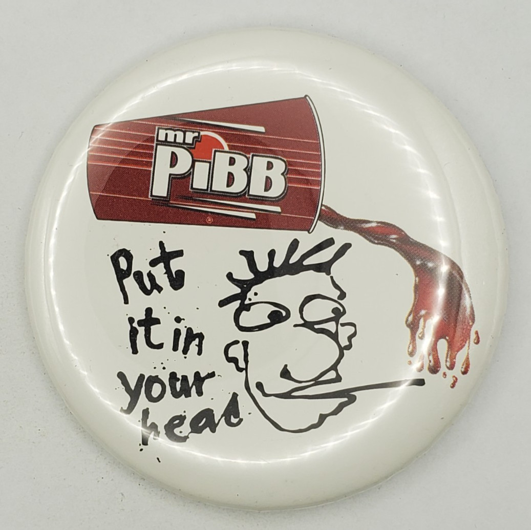Vintage 1996 Mr Pibb Put It In Your Head Weird Advertising Pinback Button