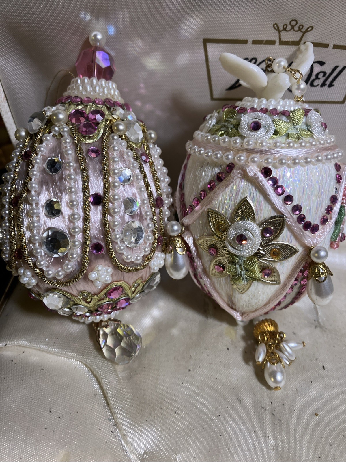 Vtg Handcrafted French Style Satin Egg Ornaments Set of 2  Sequins Pearl