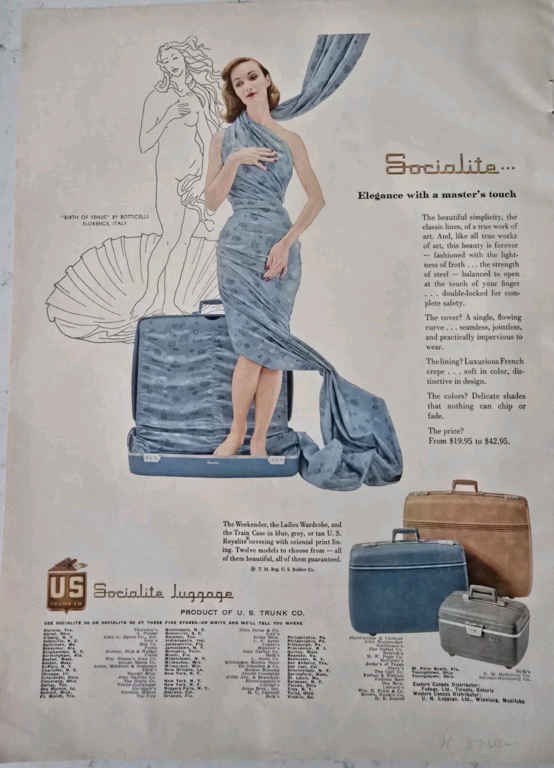 1957 Womens US Trunk Socialite Luggage Birth of Venus Art Vintage Fashion Ad 
