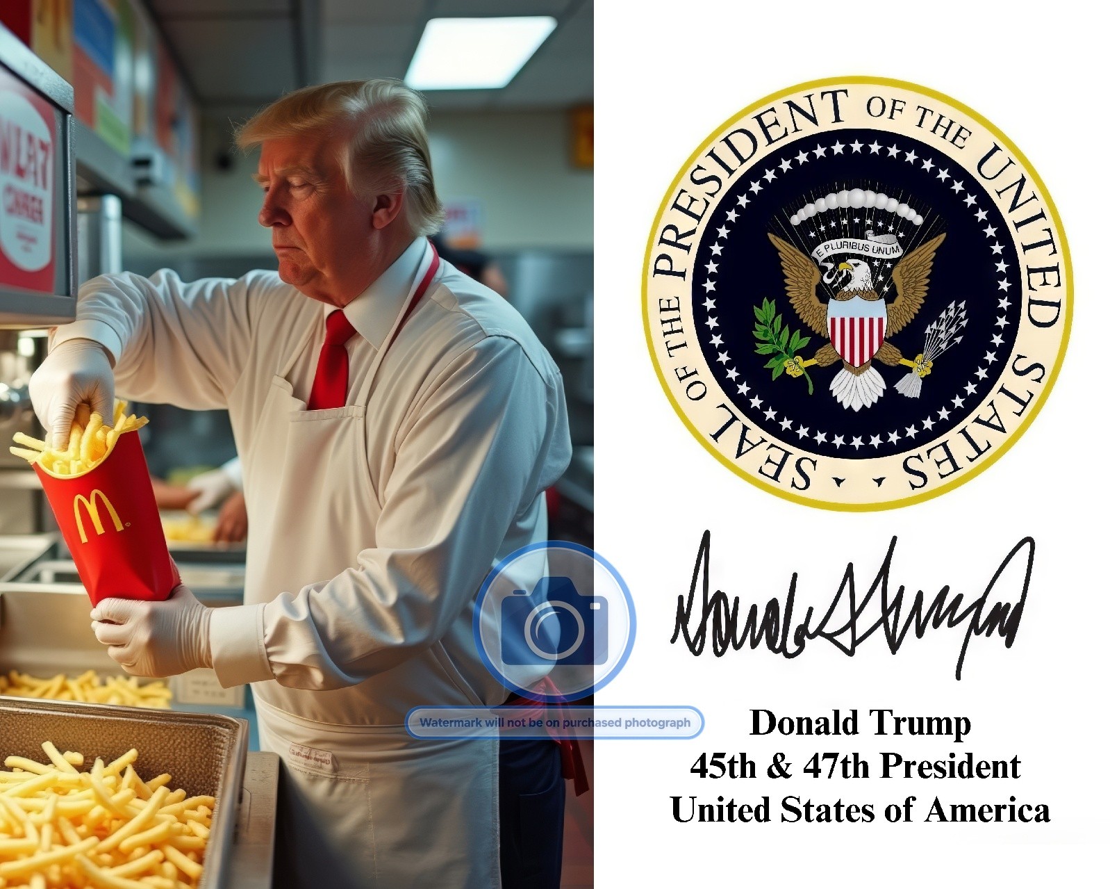 PRESIDENT DONALD TRUMP WORKING AT McDONALDS PRESIDENTIAL SEAL 8X10 AI PHOTO PRESIDENT DONALD TRUMP WORKING AT McDONALDS PRESIDENTIAL SEAL 8X10 AI PHOTO