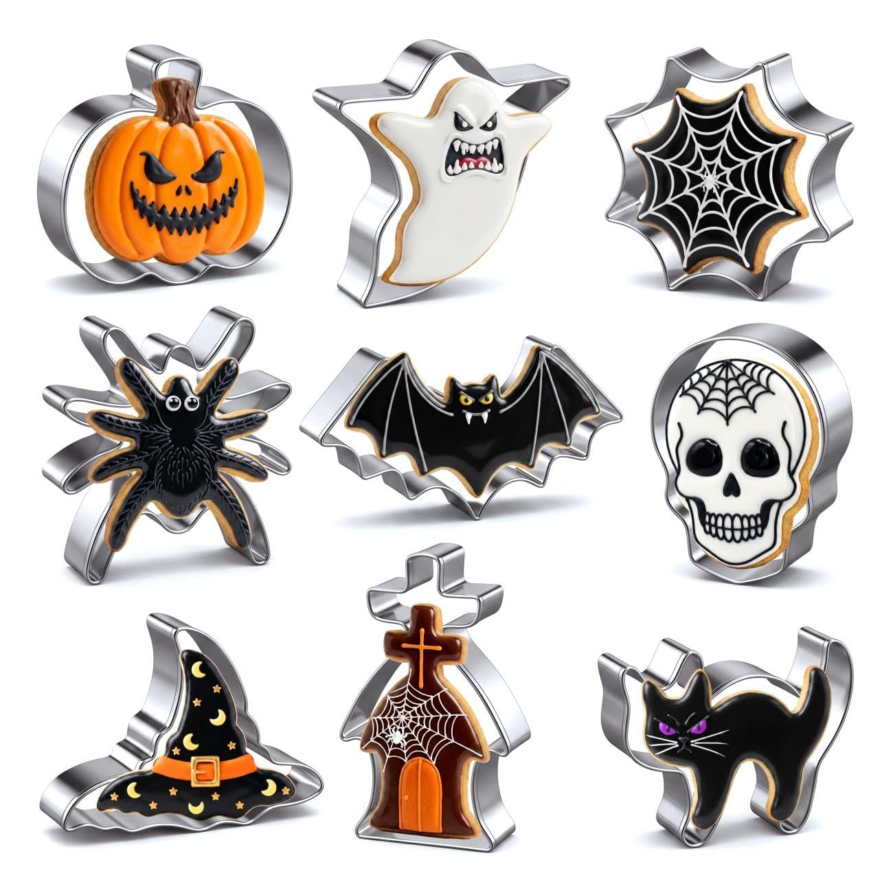 Halloween Cookie Cutters Set 9 Pieces, Metal Shapes 9, Silver Halloween Cookie Cutters Set 9 Pieces, Metal Shapes 9, Silver