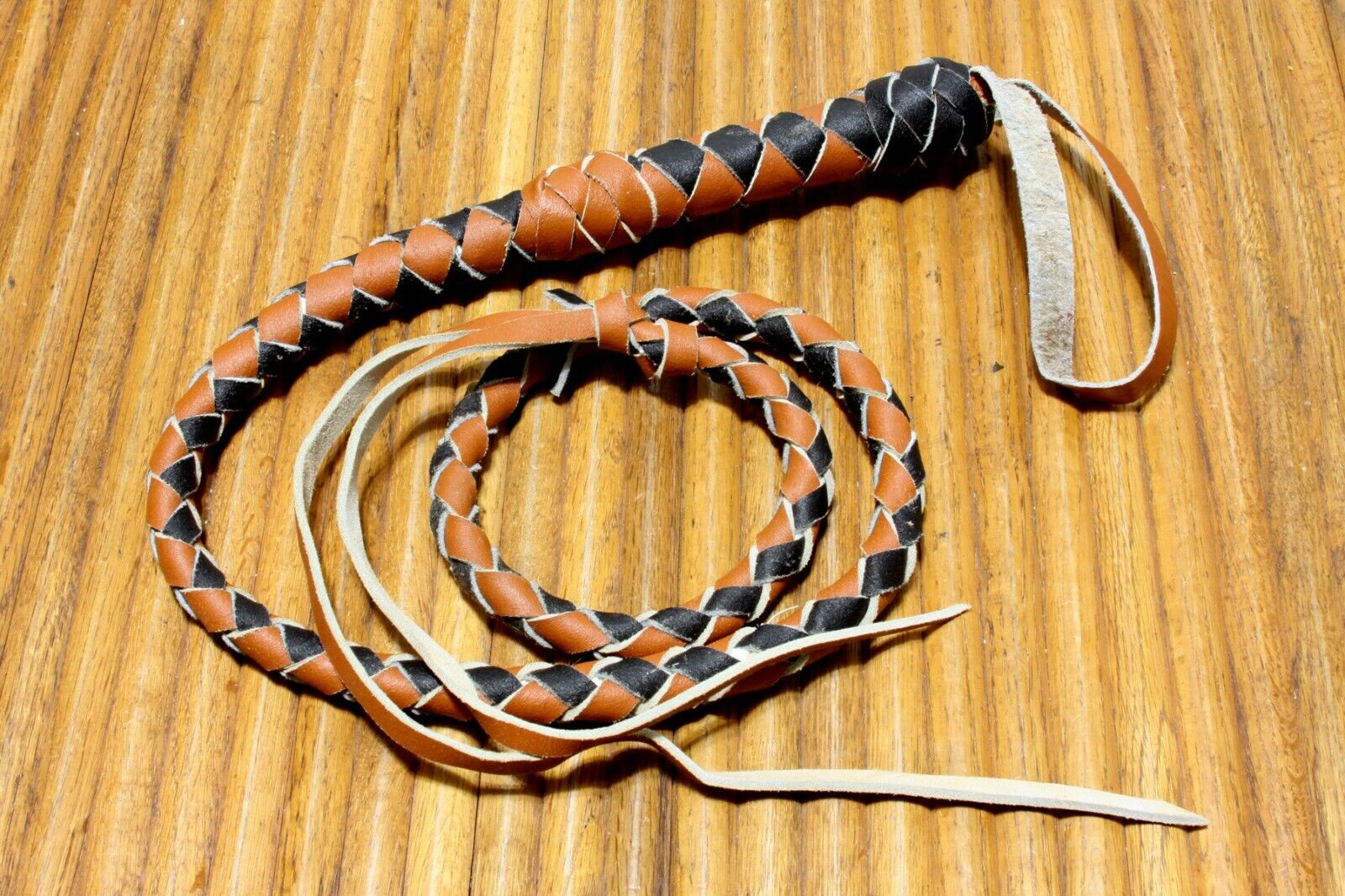 Vintage 6 Ft Rawhide Leather Bullwhip Black & Brown Braided Indiana Jones Style