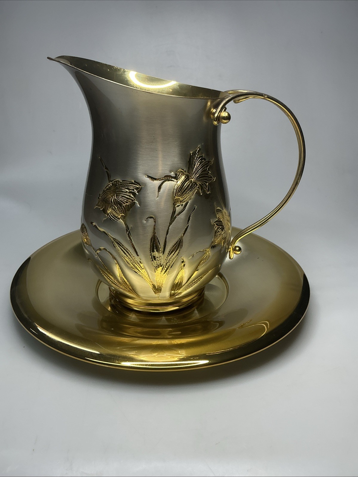 Rare Vintage OROTEN Italy 24K Gold Gilt Silver Pitcher/Saucer Set Gruppo Ronchi Rare Vintage OROTEN Italy 24K Gold Gilt Silver Pitcher/Saucer Set Gruppo Ronchi