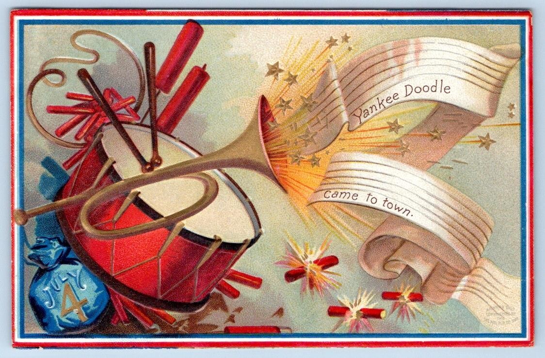 1907-10's 4th of JULY YANKEE DOODLE CAME to TOWN EMBOSSED PATRIOTIC POSTCARD