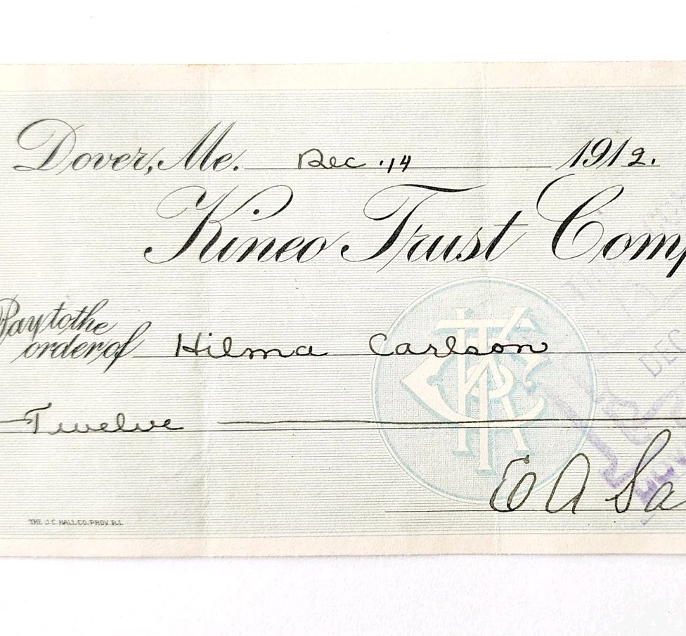 1912 Kineo Trust Company Bank Check E.A. Sampson Dover Maine Signed 1082 CHX4