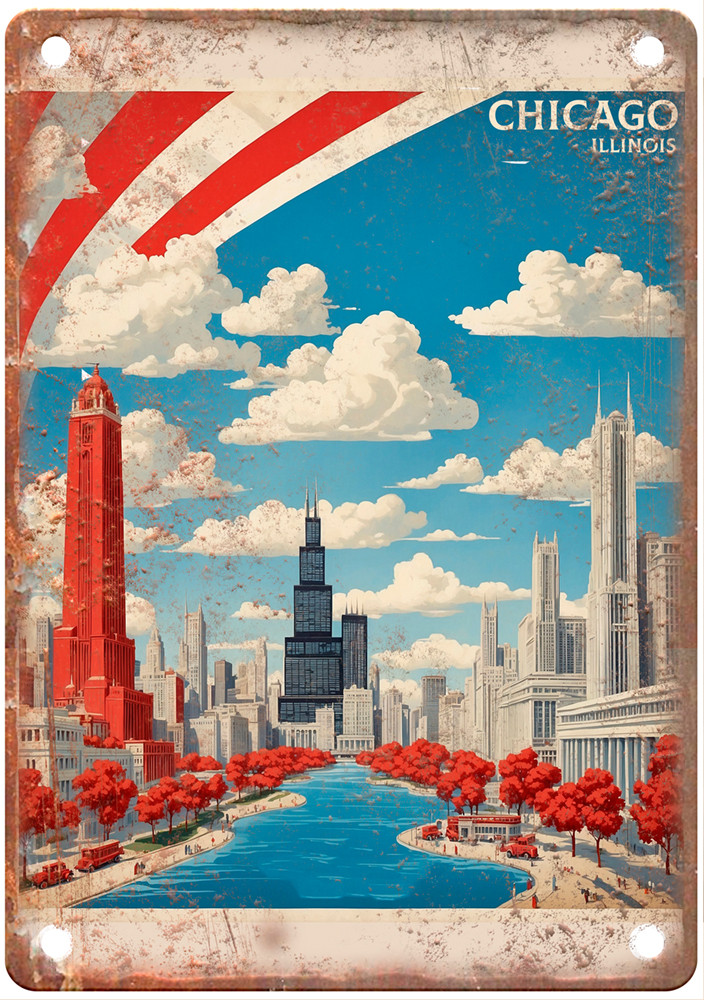 Vintage Chicago illinois United States Retro Look Travel Poster Metal Sign T3630 Vintage Chicago illinois United States Retro Look Travel Poster Metal Sign T3630