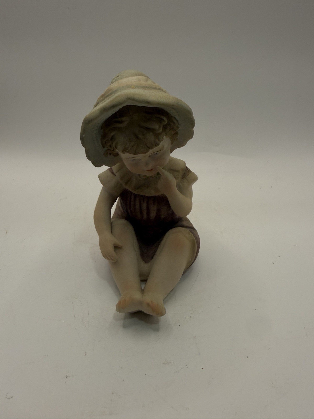 Antique Bisque Porcelain Seated Girl Bonnet Figurine Design Reg 6682 4.5” * Antique Bisque Porcelain Seated Girl Bonnet Figurine Design Reg 6682 4.5” *