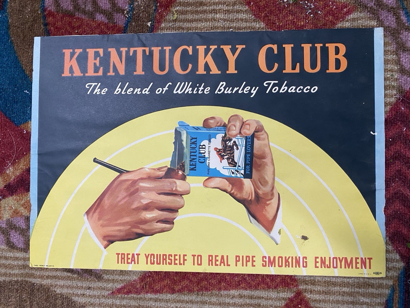 VTG Kentucky Club Pipe Tobacco Advertising Sign Litho Cardboard Carl Percy