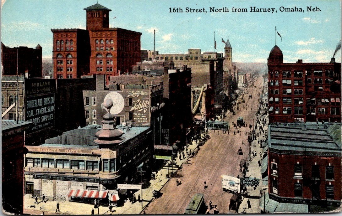 Antique pc Aerial view of 16th str and Harney str Omaha, Nebraska