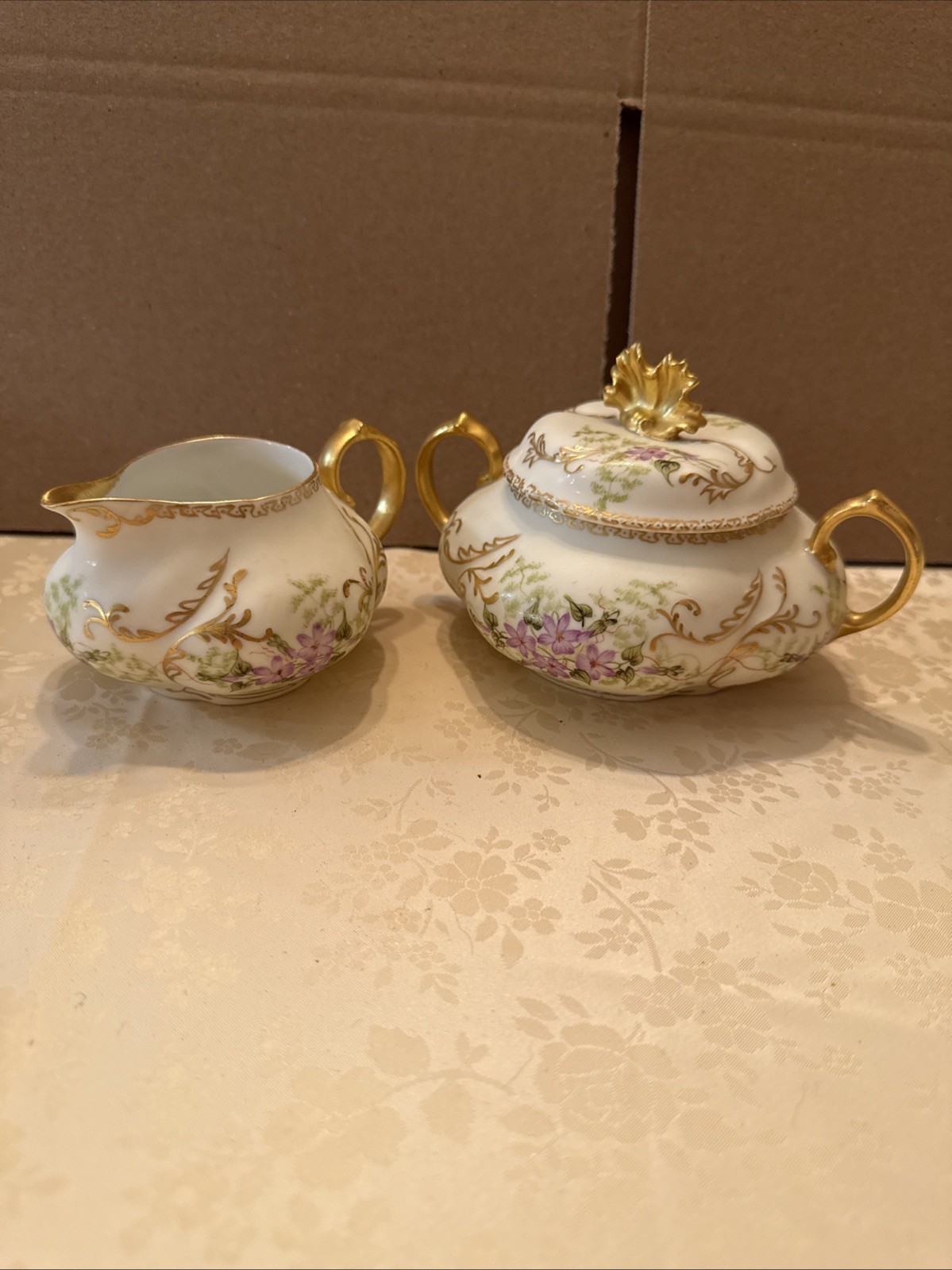 Porcelain Floral Creamer & Sugar Bowl Set w Lid, White Purple Green Gold Porcelain Floral Creamer & Sugar Bowl Set w Lid, White Purple Green Gold