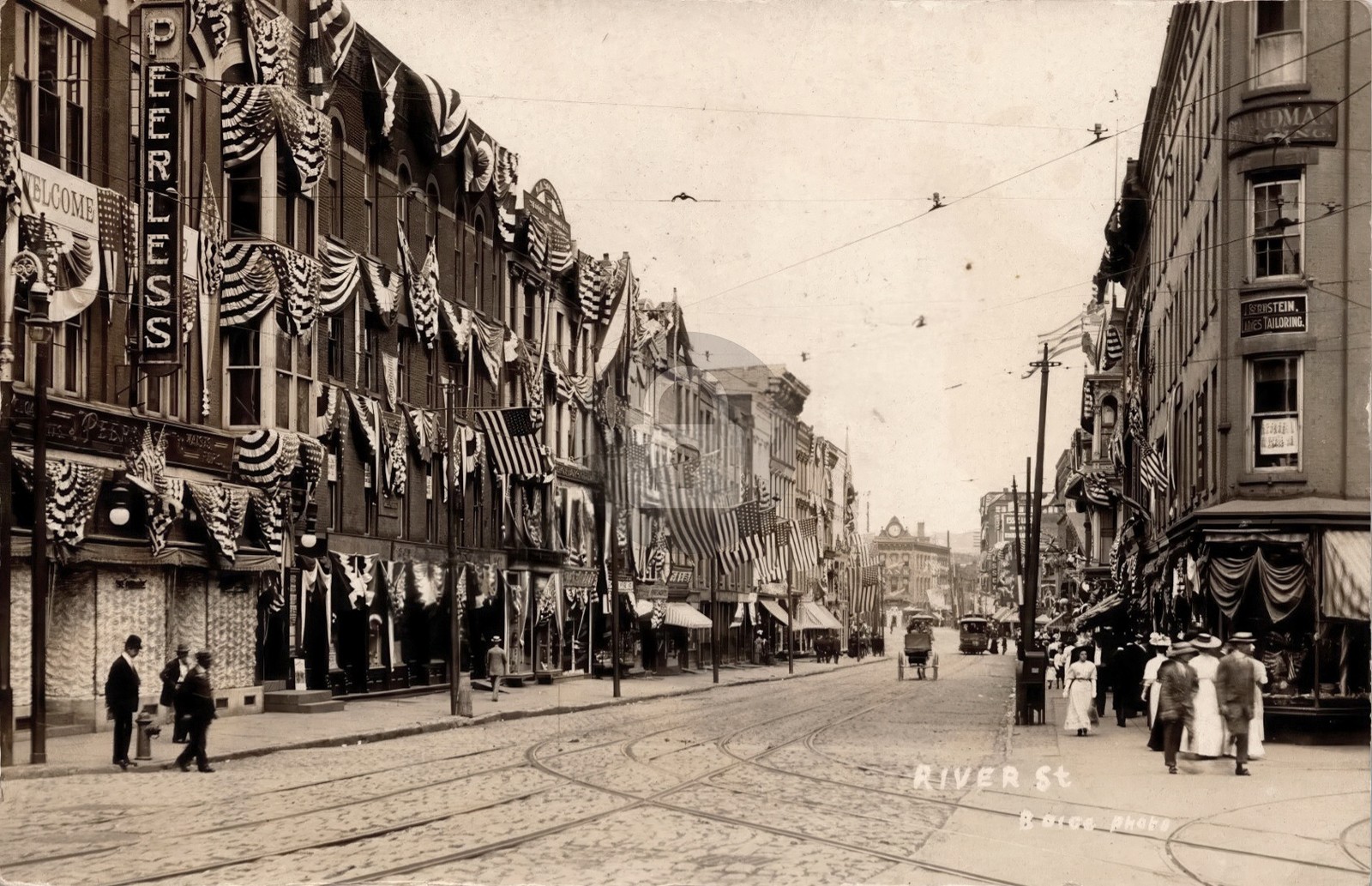 Flag Draped Storefronts River St. Troy NY New York Boice RPPC Postcard COPY