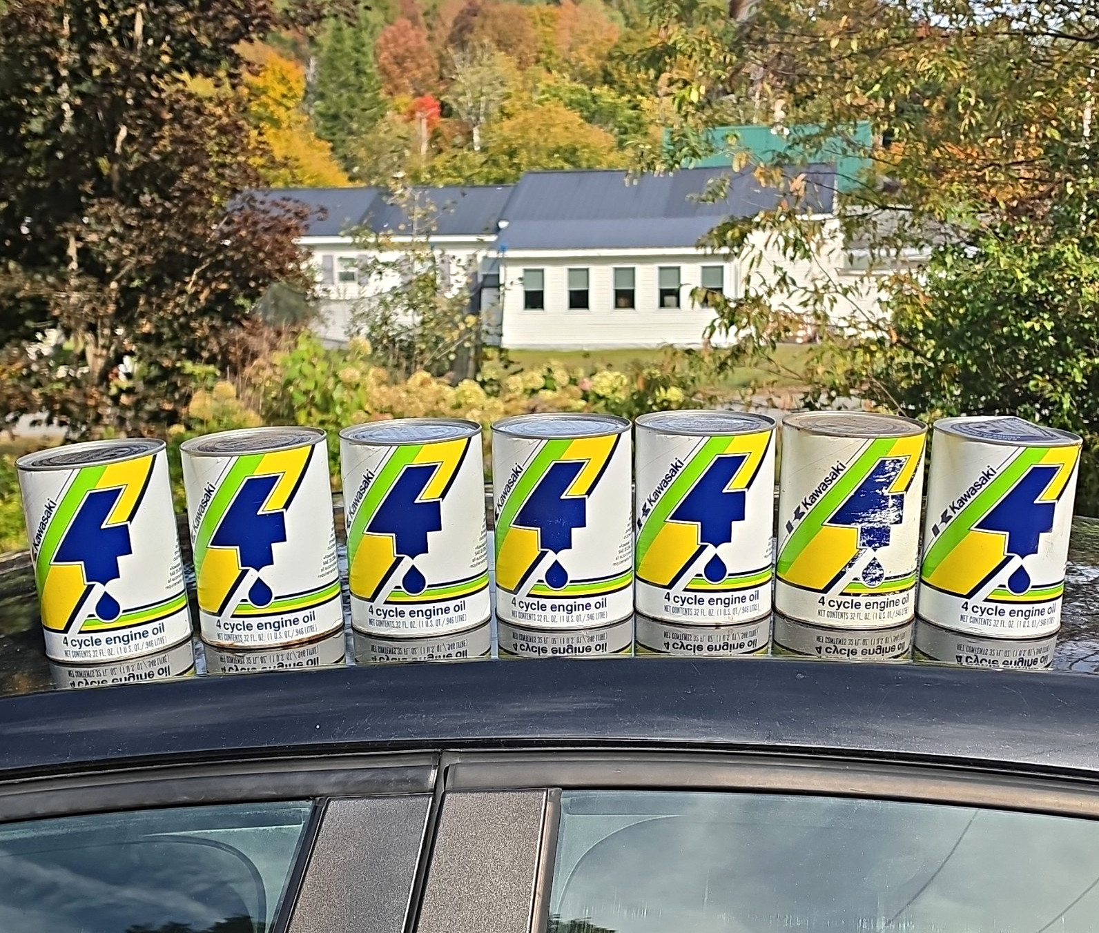Kawasaki 4-Cycle Engine Oil Advertising Can Gas & Oil White Blue Green Yellow
