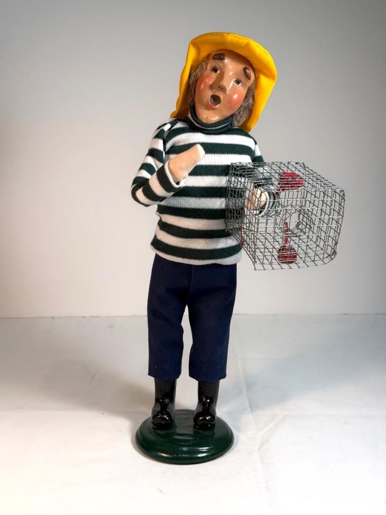 Vintage 2000 Byers Choice Fisherman Caroler w/ Crab Trap, Green Stripe Shirt