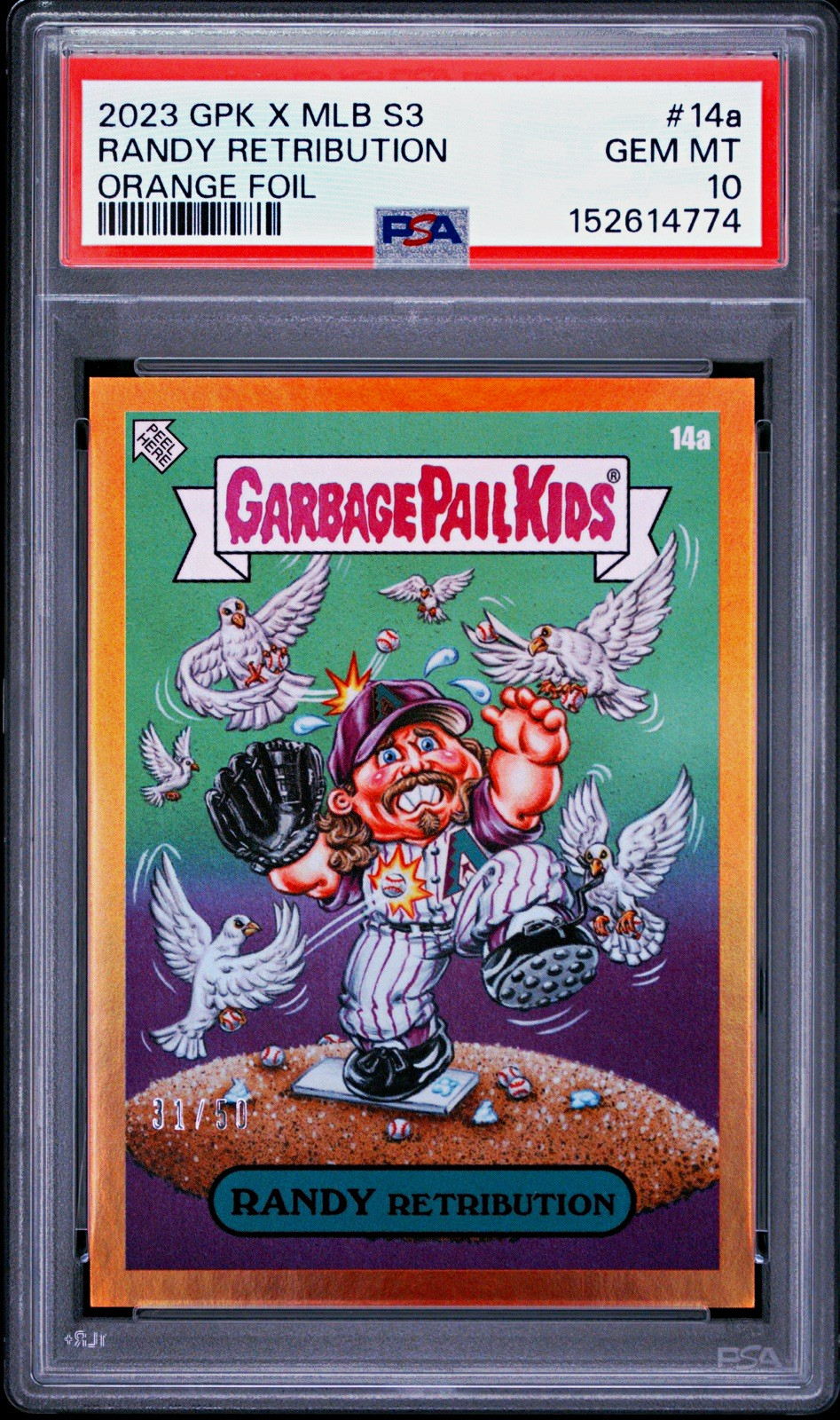 Topps 2023 GPK x MLB S3 #14a Randy Retribution Orange Foil PSA 10 #/50
