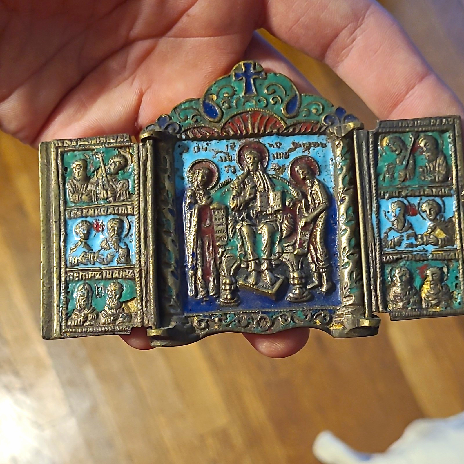 Hinged Christian Icon Triptych Pendant Blue & Green Enamel Metal 3-Panel