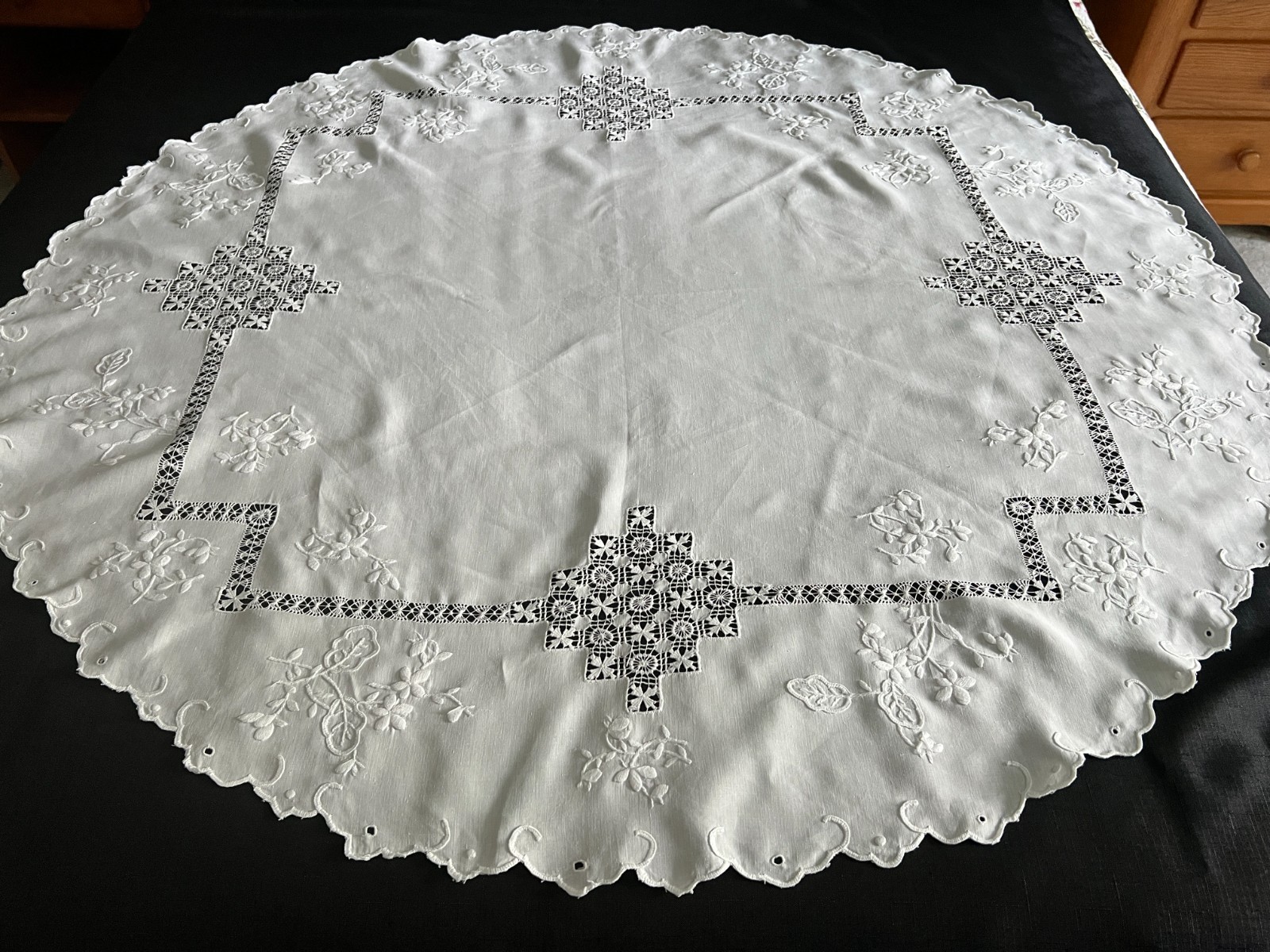 Antique Round Linen Embroidered with Drawn Work Tablecloth - 50
