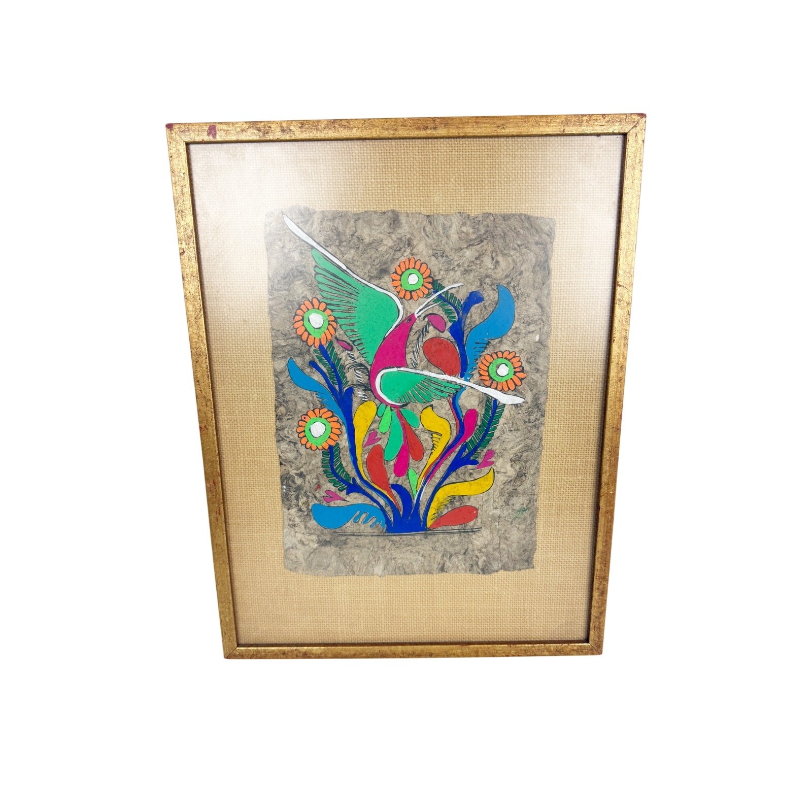 Vintage Mexican Amate Tree Bark Painting Framed Exoctic Bird Floral Folk Art Vintage Mexican Amate Tree Bark Painting Framed Exoctic Bird Floral Folk Art