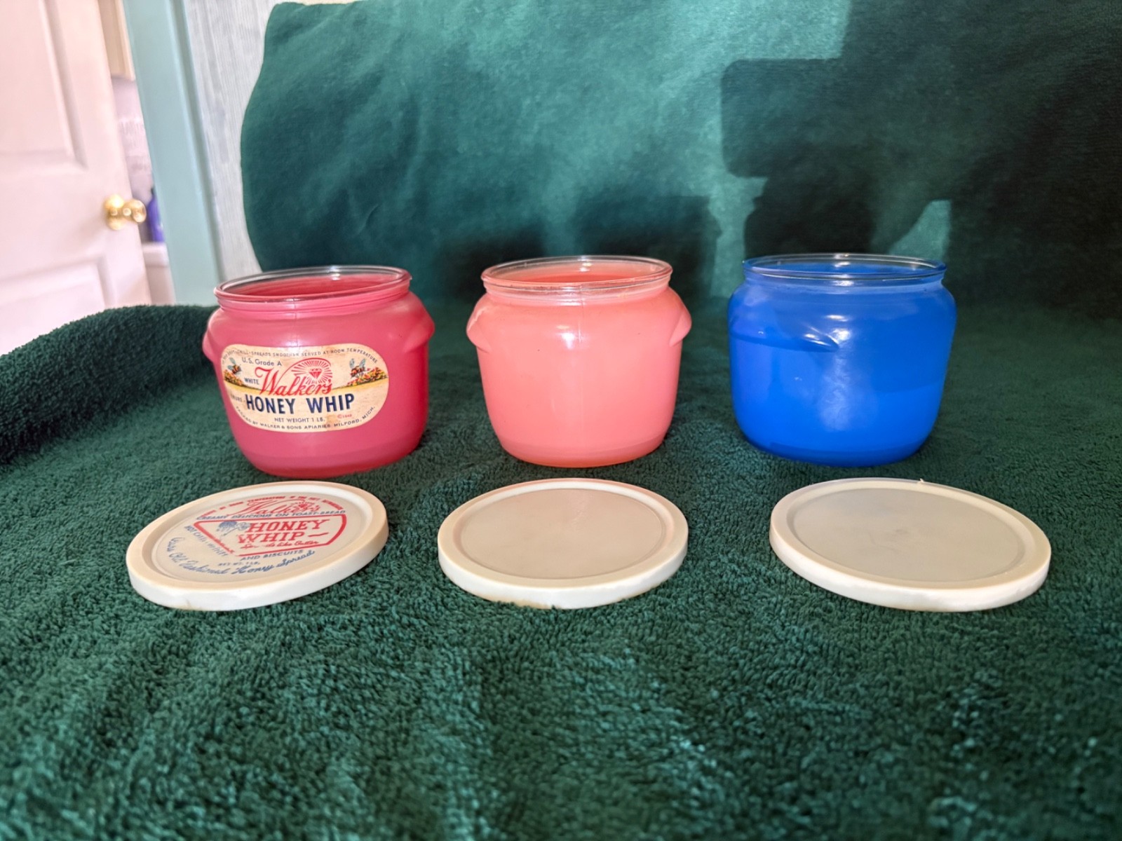 3 Vintage Walker's Honey Whip Glasbake Glass Jars Pots with Lids See Photos