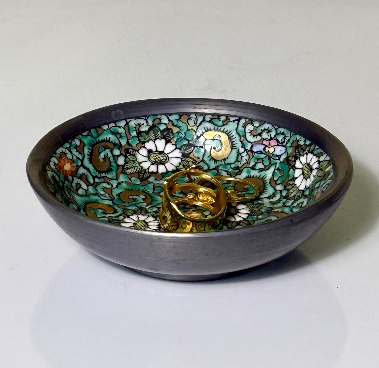 Vintage Japanese Porcelain Pewter Encased Ring Dish Decorated in Hong Kong YY
