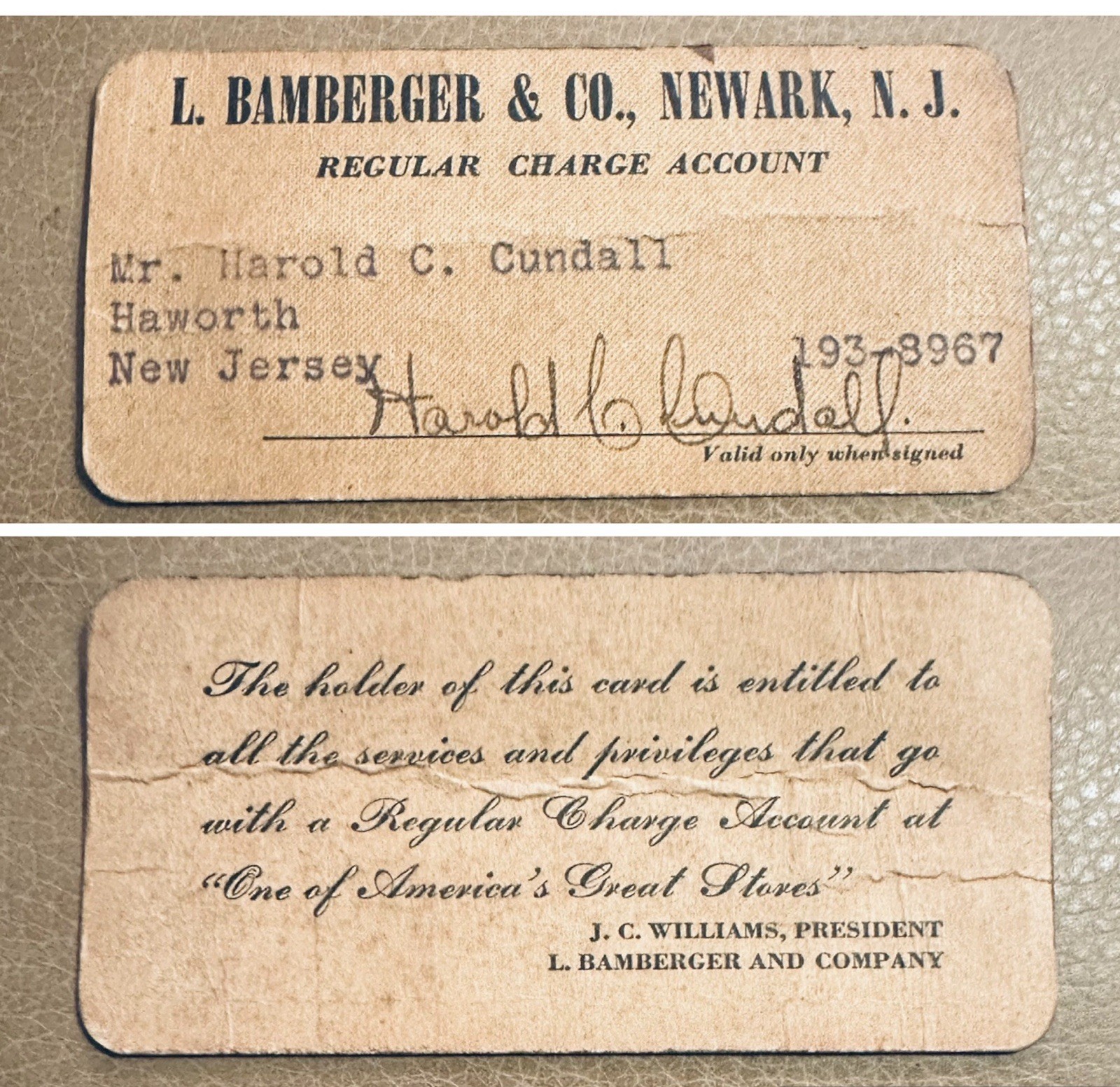 VTG 1920s-30s L Bamberger & Co Newark NJ Regular Charge Account Card