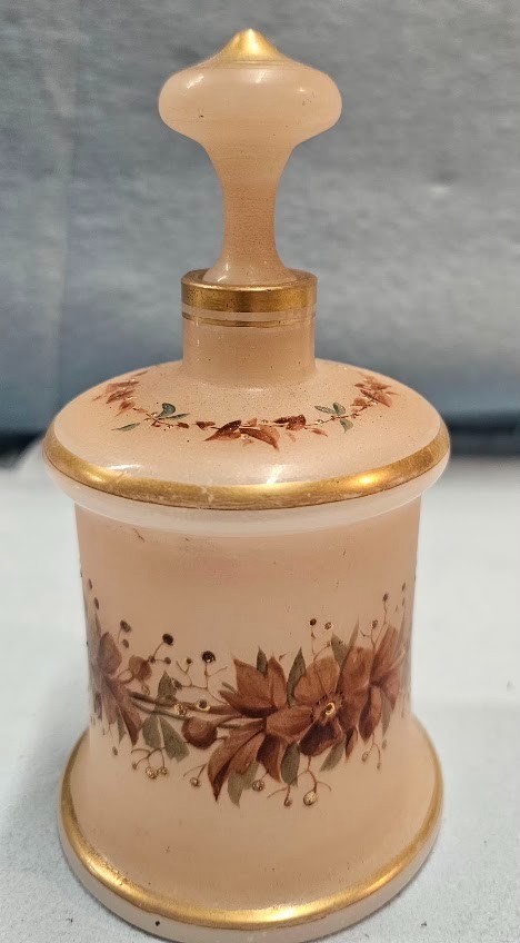 Vintage French Bohemian Frosted Opaline Cologne Jar Floral Gold Stopper 5.5