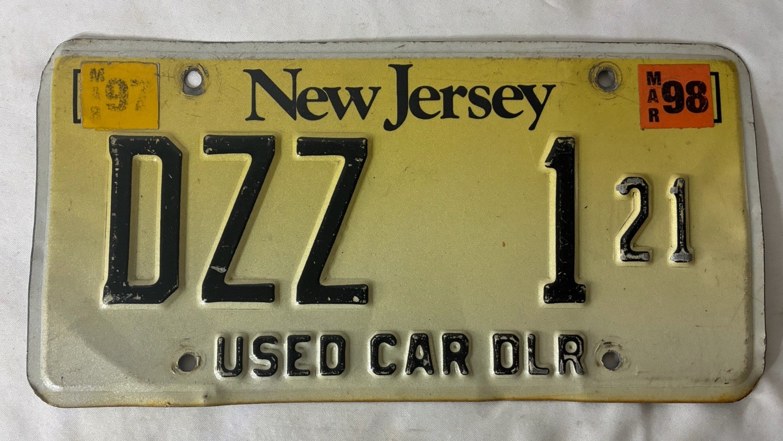 Vtg New Jersey Dealer License Plate - ‘USED CAR DLR’ - 1990’s, Embossed, #DZZ121 Vtg New Jersey Dealer License Plate - ‘USED CAR DLR’ - 1990’s, Embossed, #DZZ121