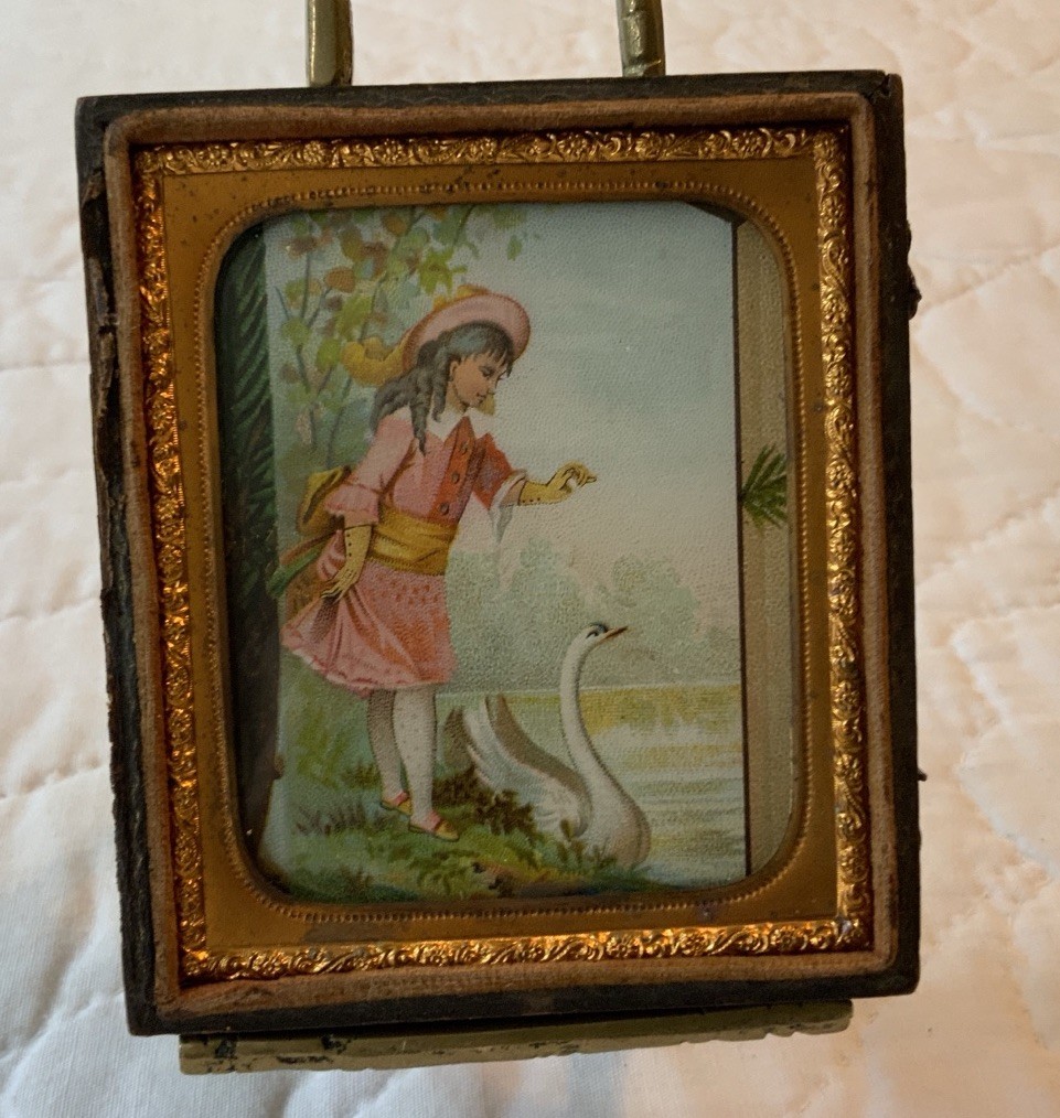 Vintage Antique Victorian Trade Card Ephemera Framed, Union Case, Girl With Swan