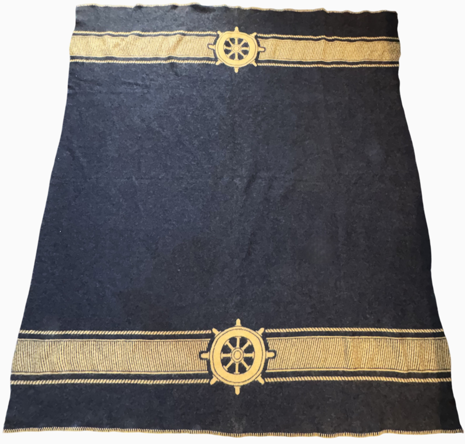 Vtg Wool Camp Blanket Esmond Nautical Ship Helm Stripes Blue Cream 62\