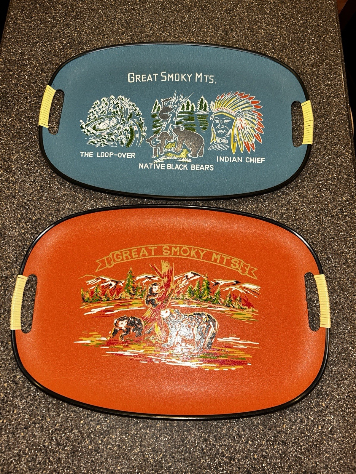 Vtg Mid Century Great Smoky Mountains Souvenir Trays Set 2 Bear Cabin Core MCM