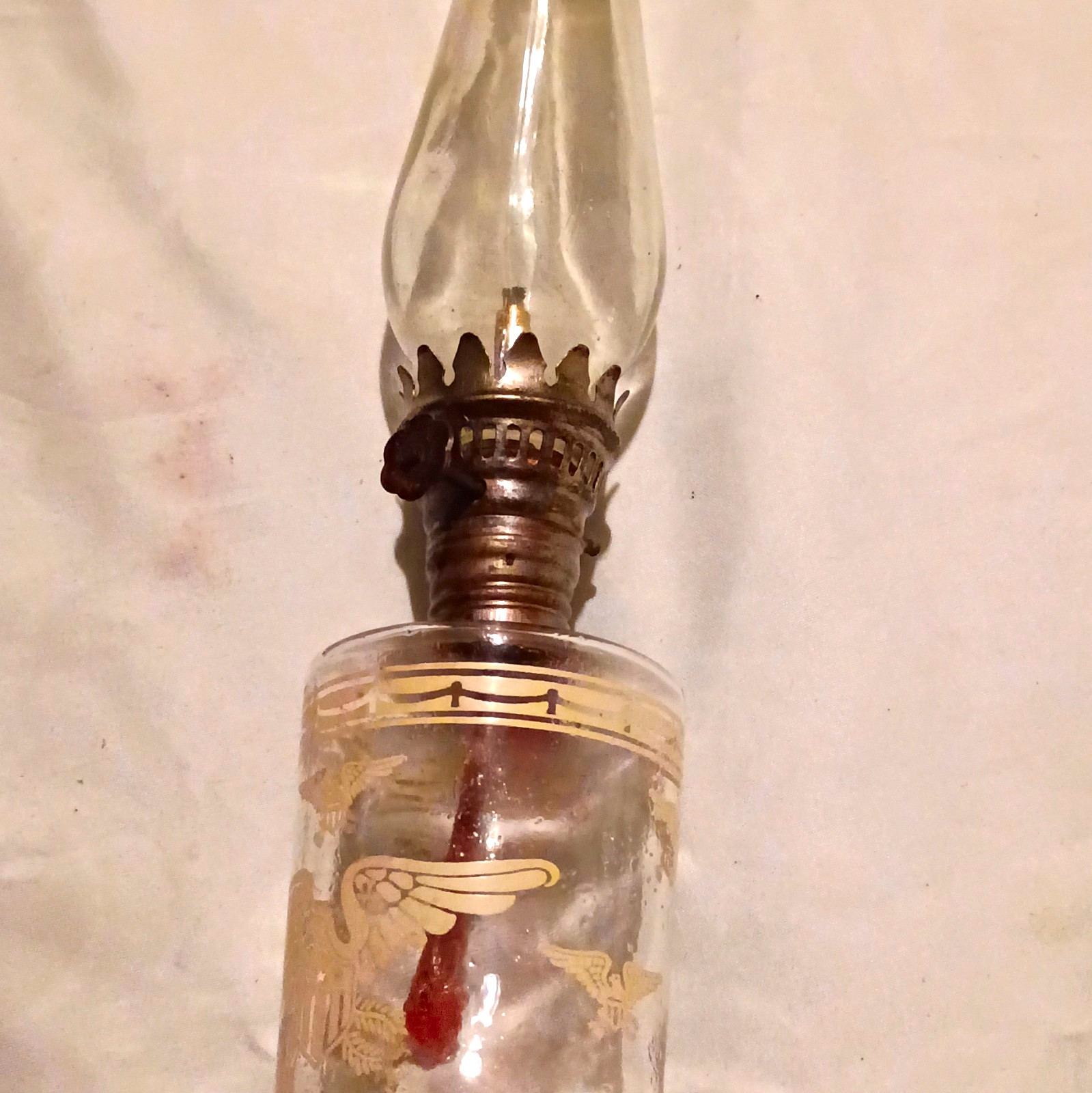 Vintage Clear Glass Oil Lamp Chimney with Metal Burner Top, Glass/Metal