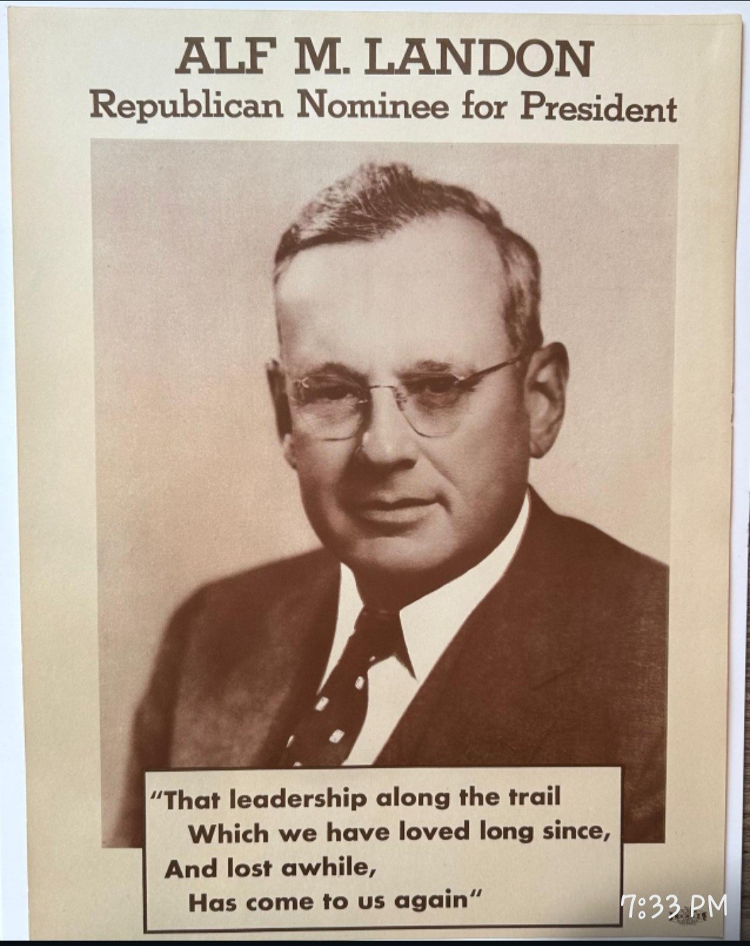 Vintage Old Alf Landon Presidential Campaign Poster
