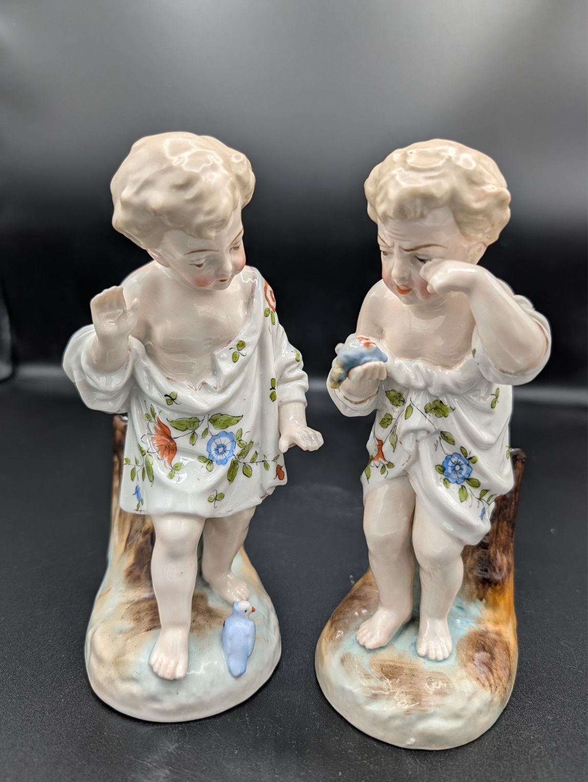 Antique German Gebruder Girls with Birds Set of 2 Porcelain Figurines 6.5