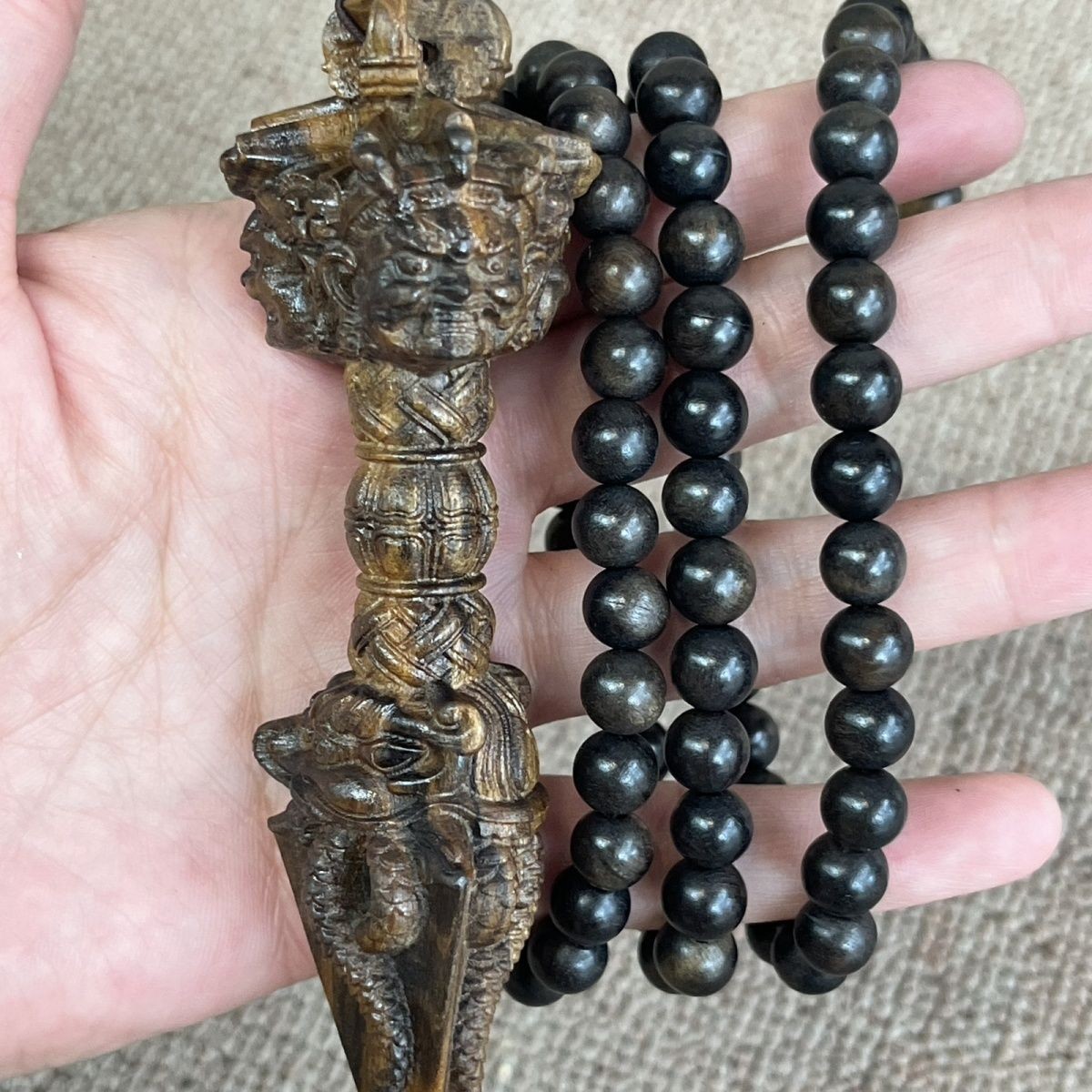Agarwood 108 Bead Necklace Carved Vajra Pendant Buddhist Jewelry Unisex