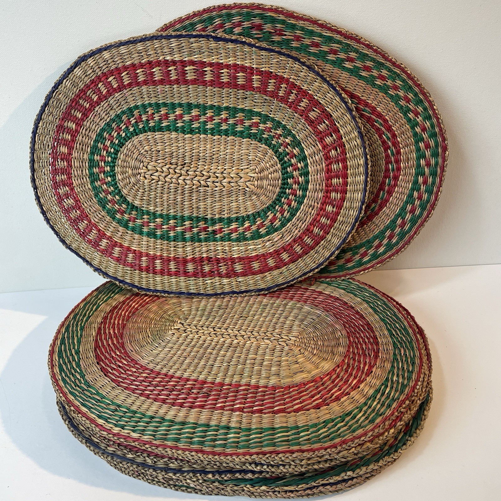 12 Vtg Boho Chic Sweet Grass Woven Placemats Handmade Red Green Cottagecore Lot