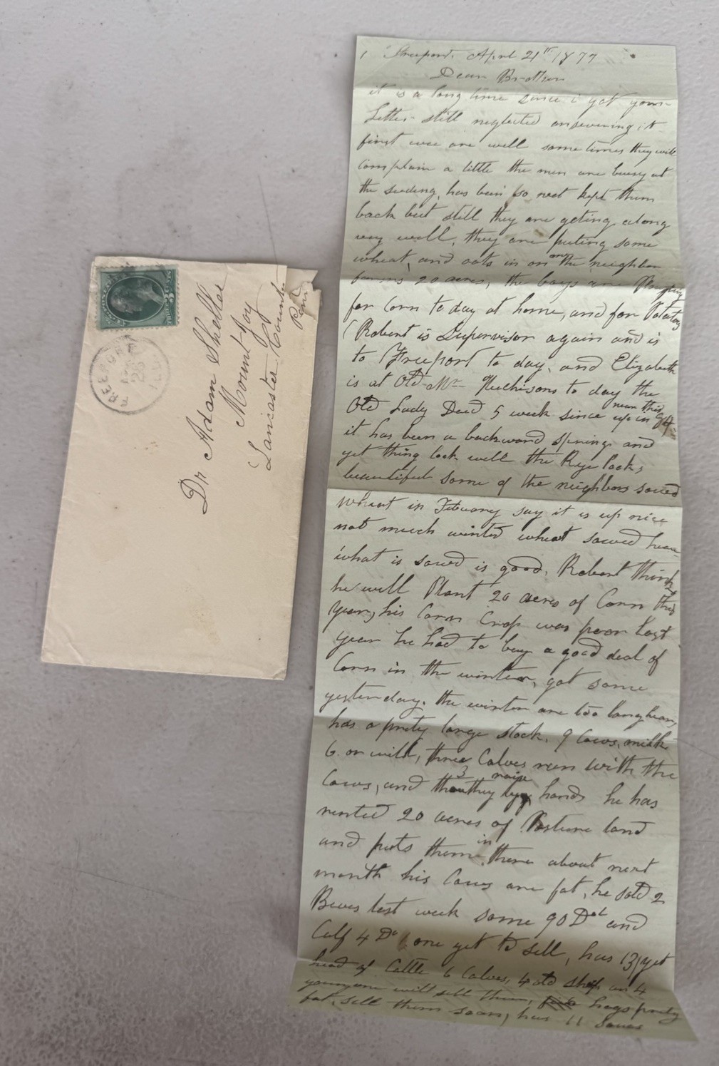 1877 Handwritten Letter Dr. Adam Sheller Mount Joy PA Farming Cholera Freeport