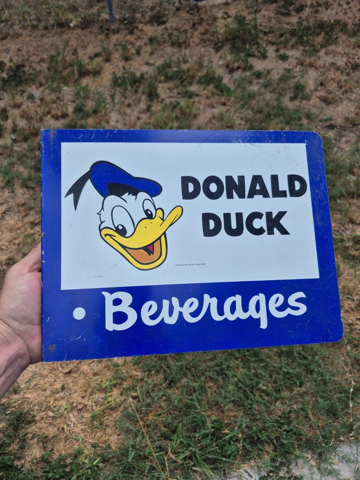 SCARCE 1950s DONALD DUCK SODA POP 2-SIDED PAINTED METAL FLANGE SIGN 
