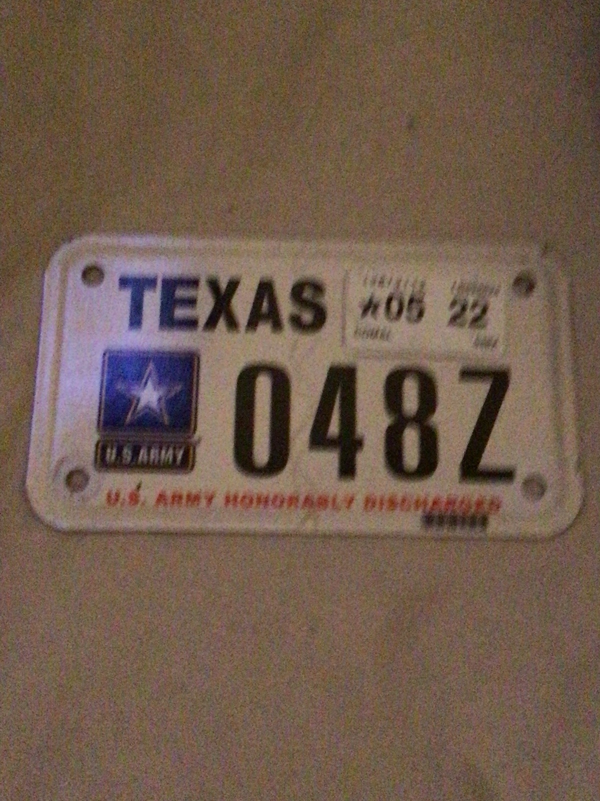  TEXAS MILITARY US Army Vet Motorcycle License Plate honorable discharge RARE