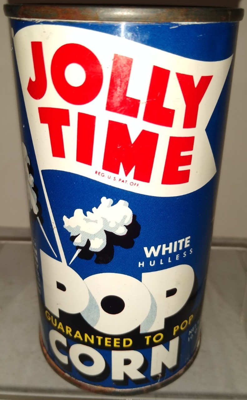 1954 JOLLY TIME GIANT YELLOW 10 OZ POP CORN ADVERTISING TINRED STILL SEALED
