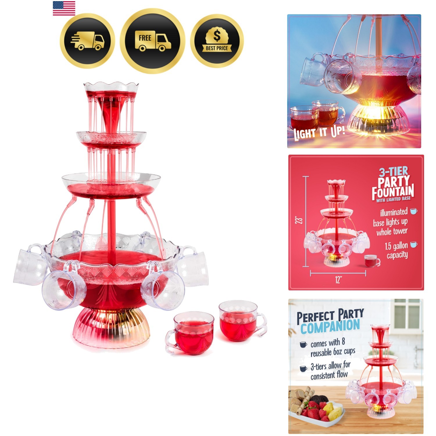 3-Tier Lighted Party Fountain, Holds 1.5 Gallons, LED Lighted Base, Includes ... 3-Tier Lighted Party Fountain, Holds 1.5 Gallons, LED Lighted Base, Includes ...