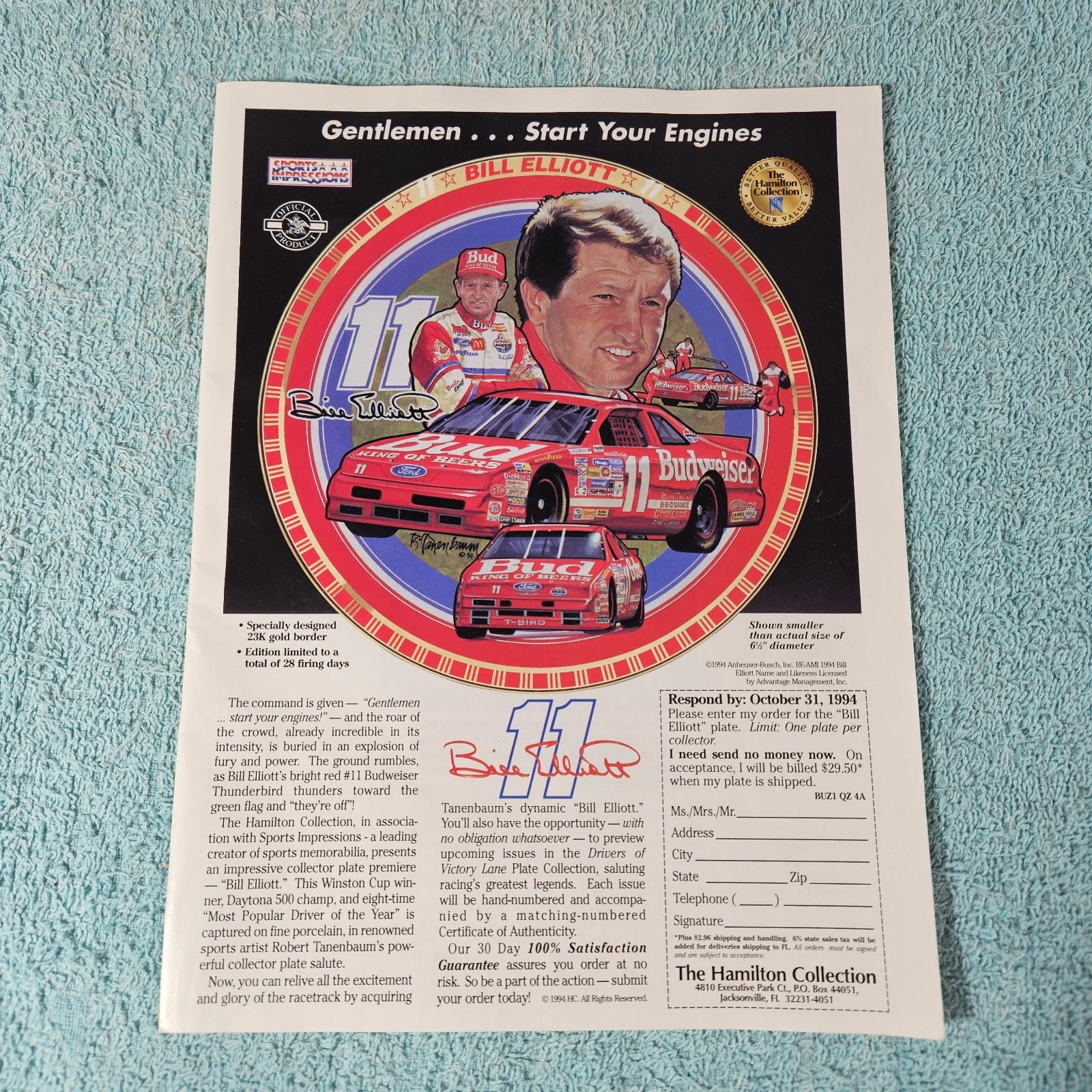 Hamilton Collection Bill Elliott NASCAR Budweiser Print Ad 1994 Vintage Hamilton Collection Bill Elliott NASCAR Budweiser Print Ad 1994 Vintage