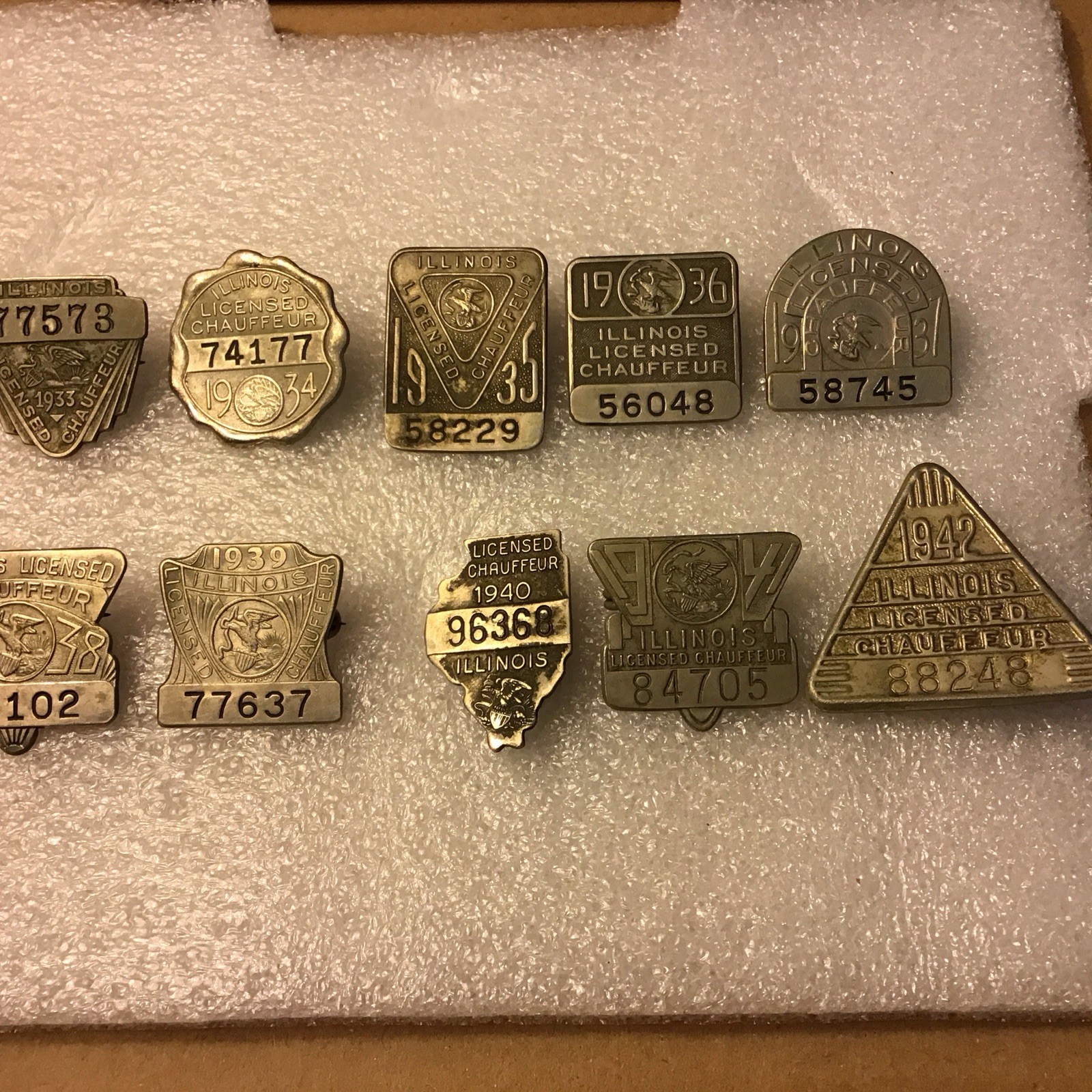 Lot of 10 Vintage Illinois Licensed Chauffeur Badges Consecutive Years 1933-1942 Lot of 10 Vintage Illinois Licensed Chauffeur Badges Consecutive Years 1933-1942