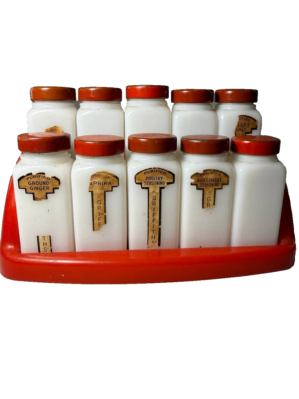 Vintage Set Of 10 Griffiths Spice Milk Glass Jars & Rack Vintage Set Of 10 Griffiths Spice Milk Glass Jars & Rack