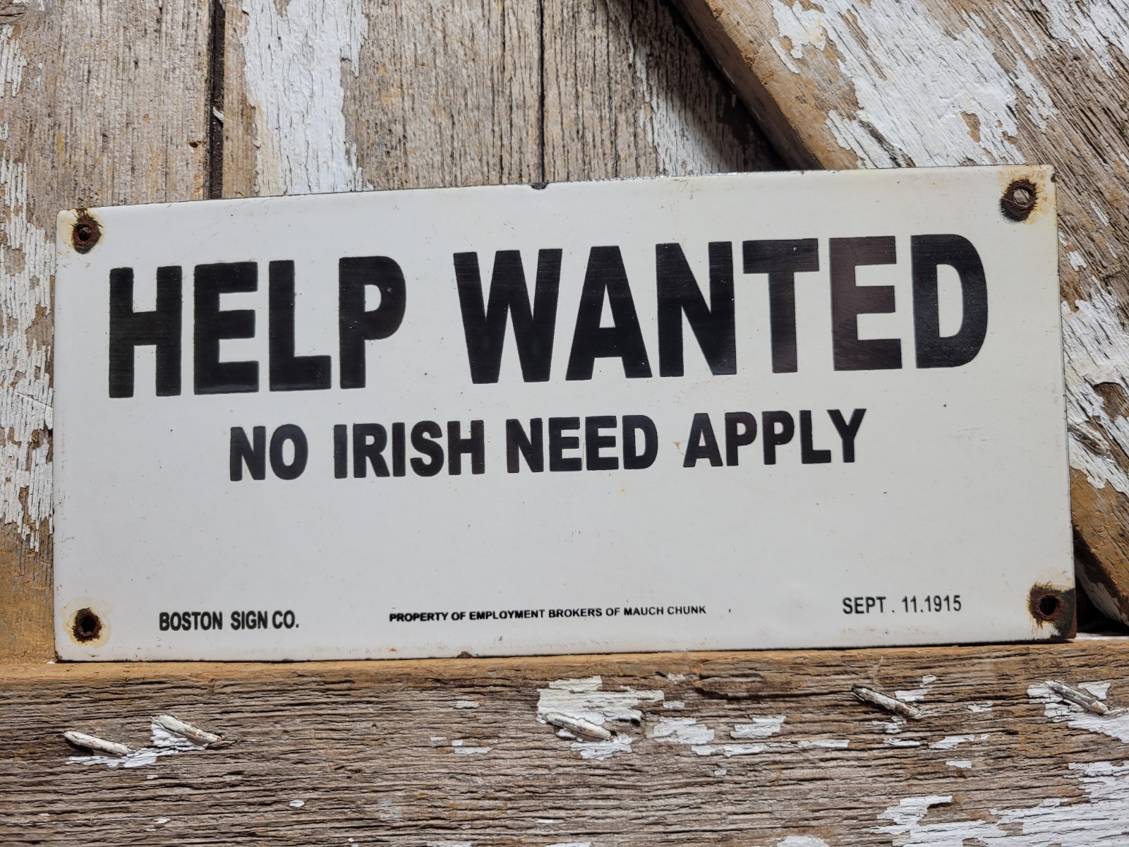VINTAGE HELP WANTED PORCELAIN SIGN OLD NO IRISH NEED APPLY EMPLOYMENT BROKER