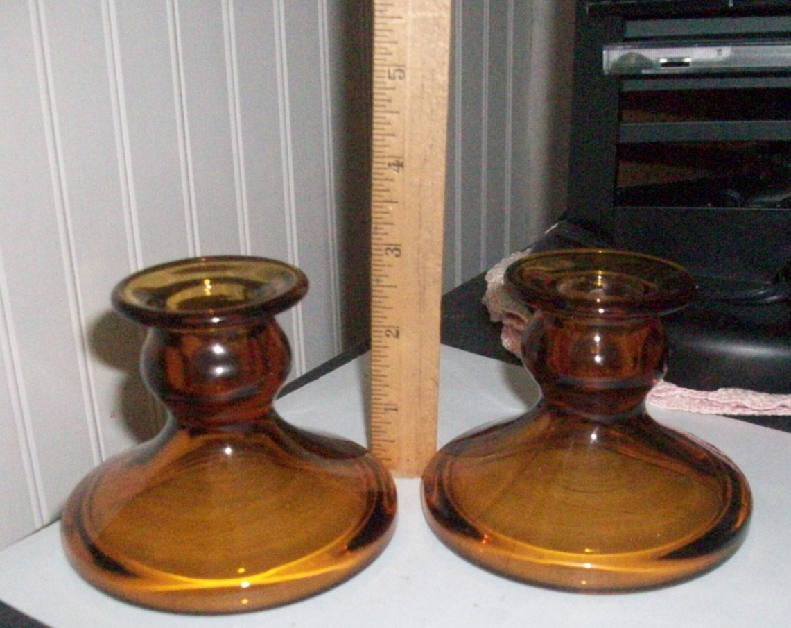 Pair vintage 1930-40's elegant dark amber glass candle stick holders LOVELY Pair vintage 1930-40's elegant dark amber glass candle stick holders LOVELY