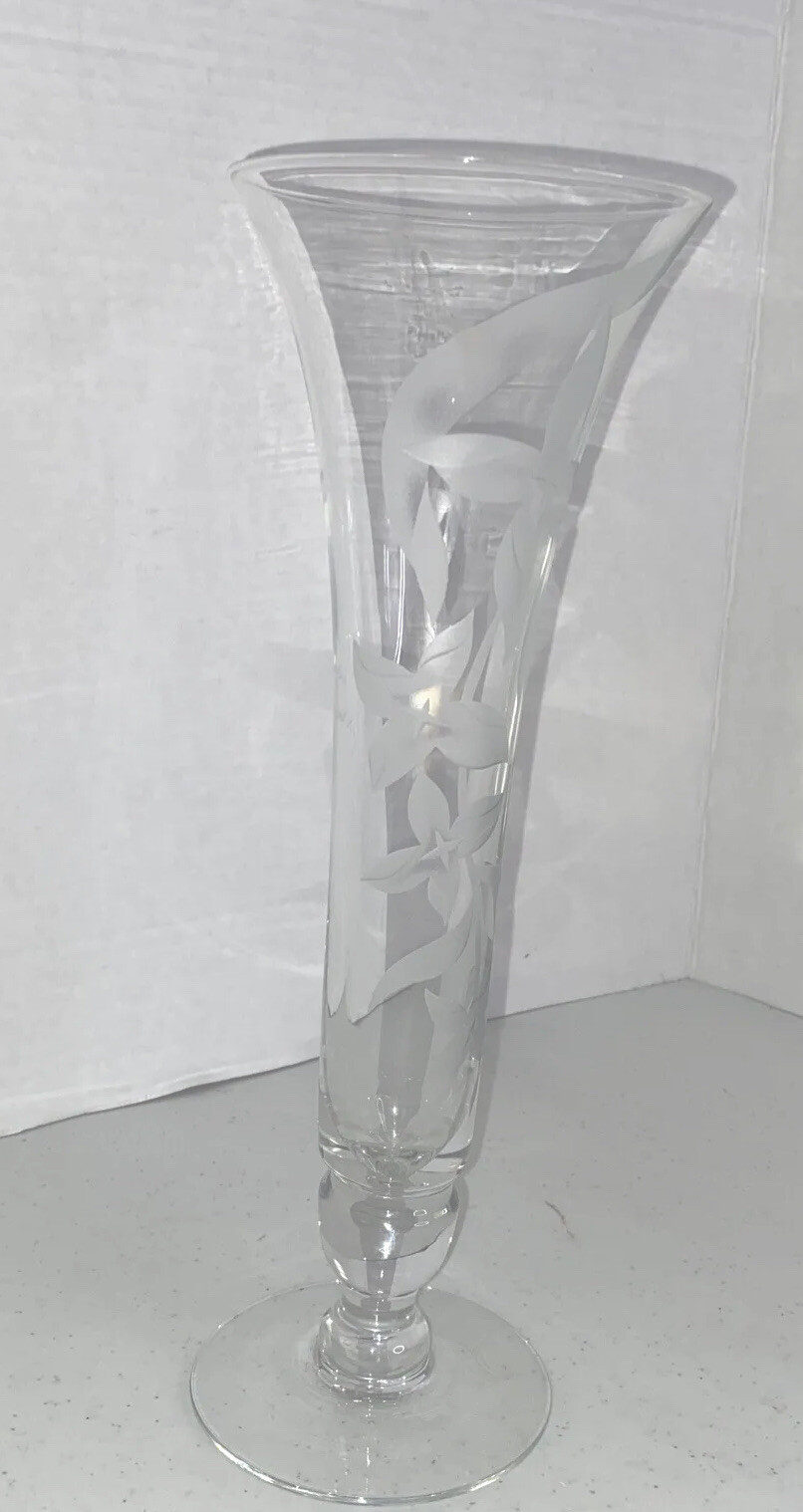 Franz Grosz Signed Etched Floral Vase, clear Franz Grosz Signed Etched Floral Vase, clear