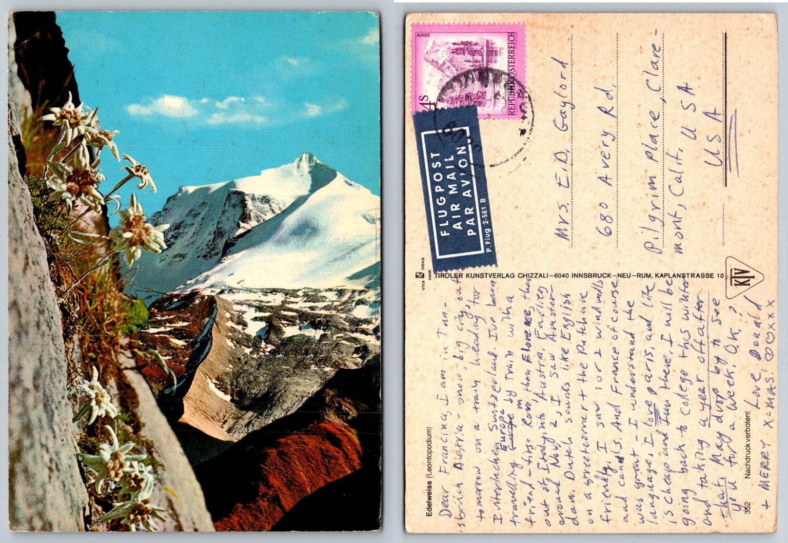 Vintage Edelweiss Austrian Alps Postcard, Snow-Capped Mountains, 1965 Posted Vintage Edelweiss Austrian Alps Postcard, Snow-Capped Mountains, 1965 Posted