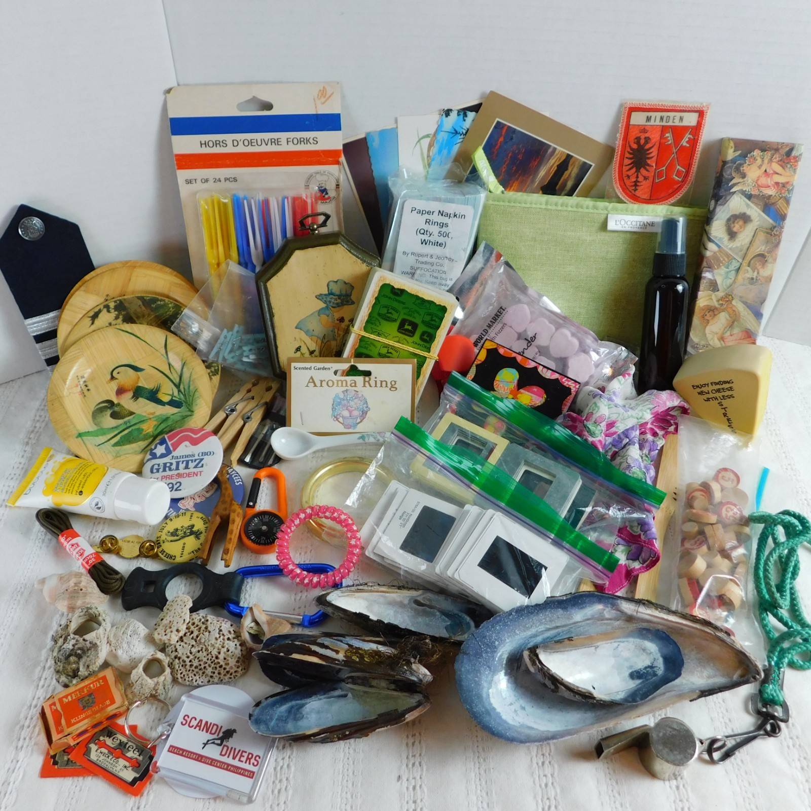 Junk Drawer Collectibles Vintage Trinkets 60+ Items Lot Shells Pins Bingo Clips
