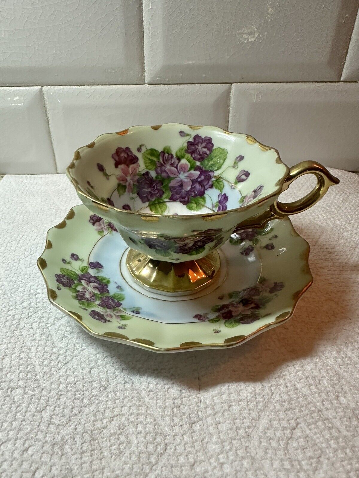 Beautiful Vintage Lefton China hand painted cup and saucer, Gold, Purple Flowers