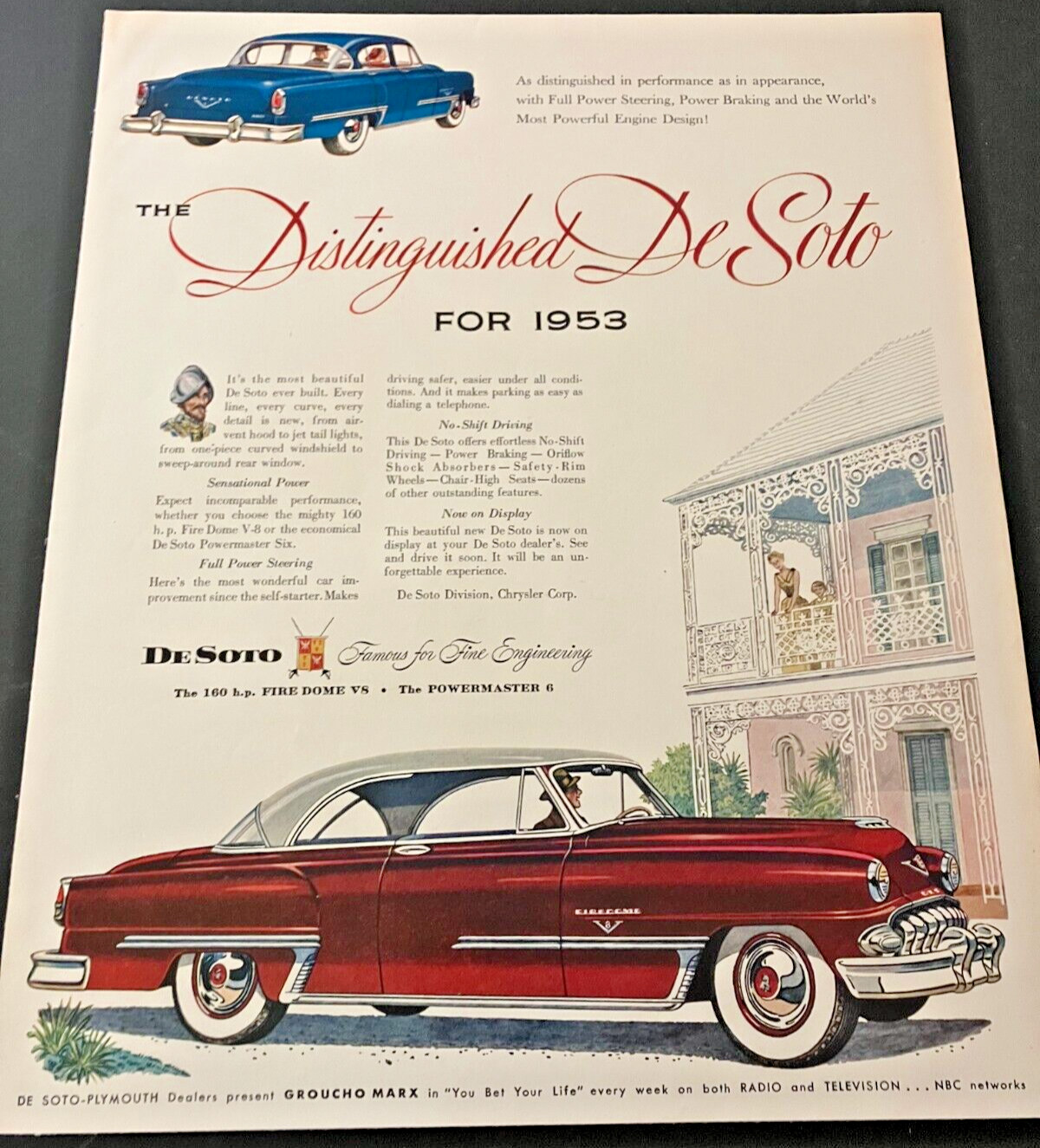 1953 DeSoto Fire Dome V8 - Vintage Original Automotive Color Print Ad / Wall Art